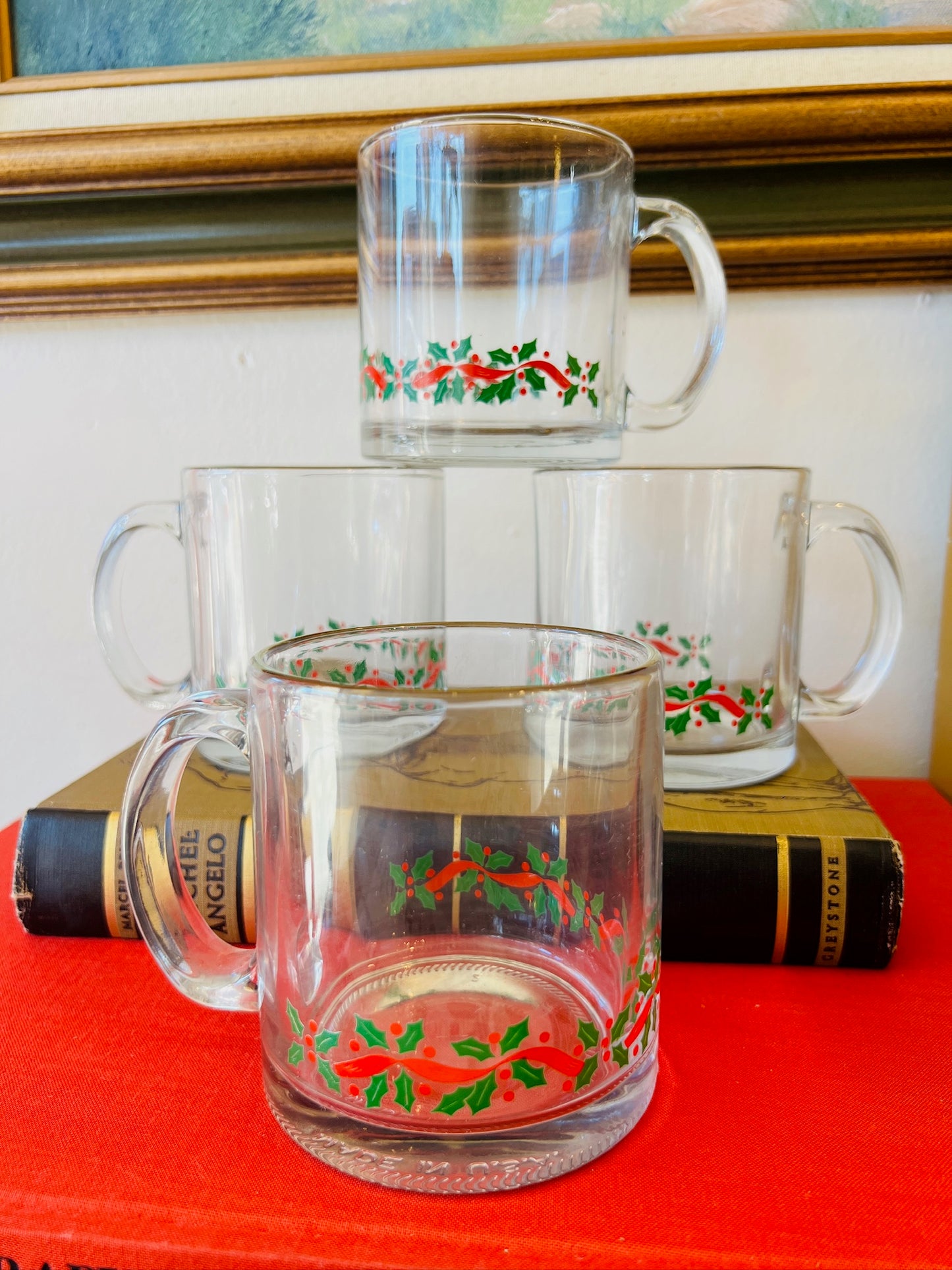 Vintage 1980s Christmas Holly Gold Rim Glass Mugs | Set of 4