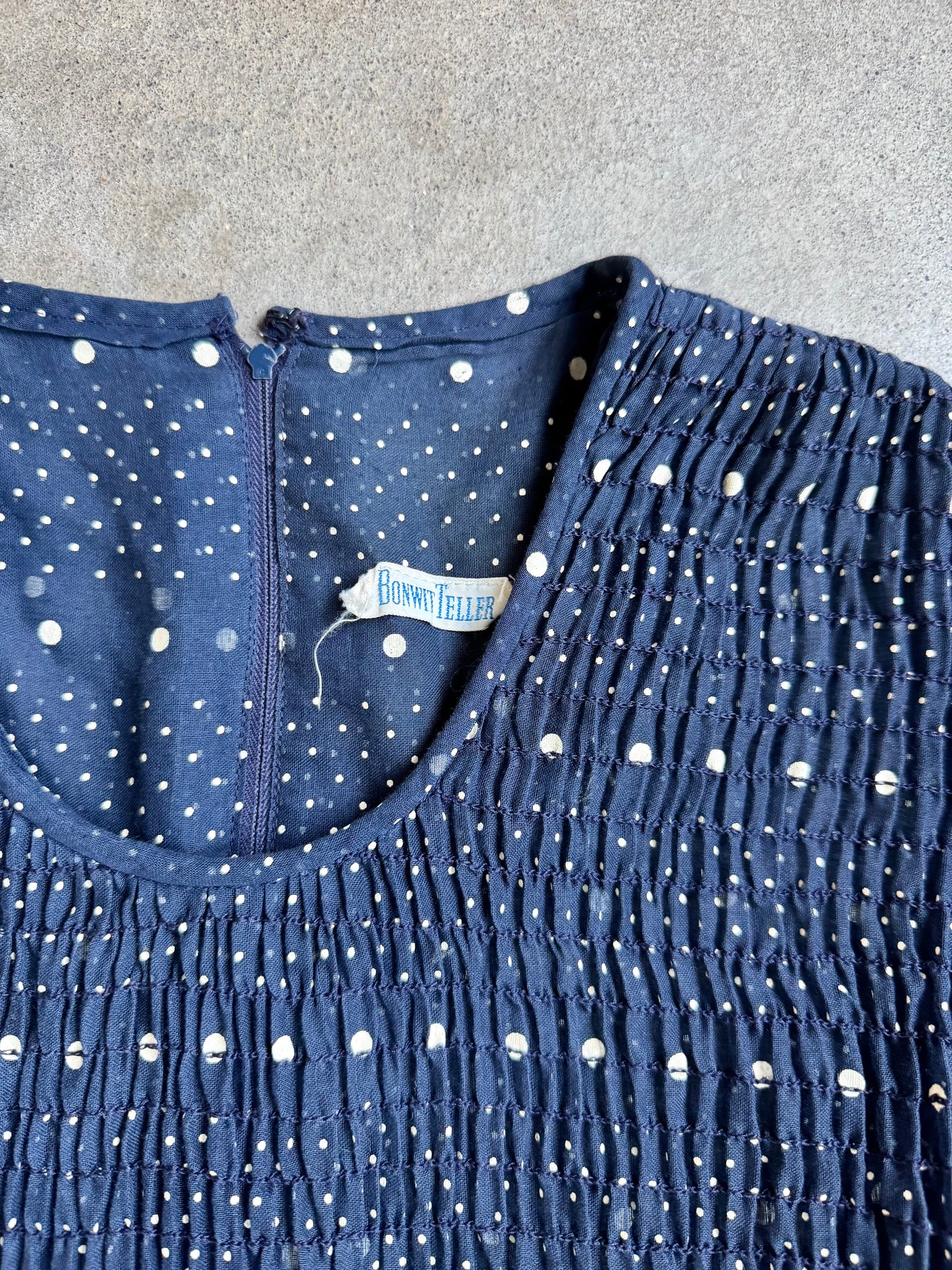 Vintage 1960s Bonwit Teller Navy Polka Dot Smocked Long Sleeve Maxi Dress | S/M