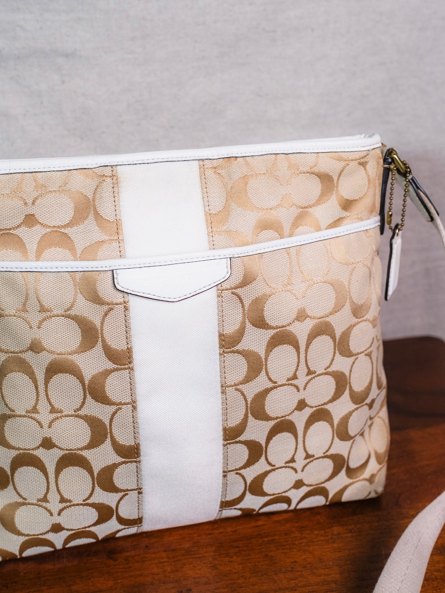 Coach Beige & White Signature Stripe Canvas Crossbody Bag