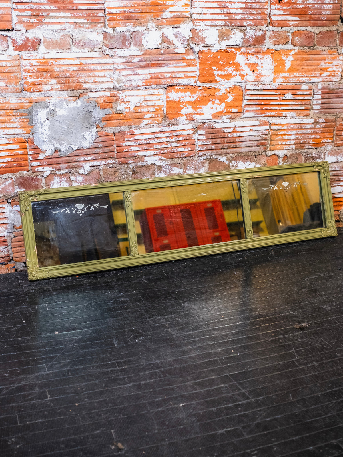 Antique Sage Green Painted Wood Ornate Multi-Panel Etched Mirror