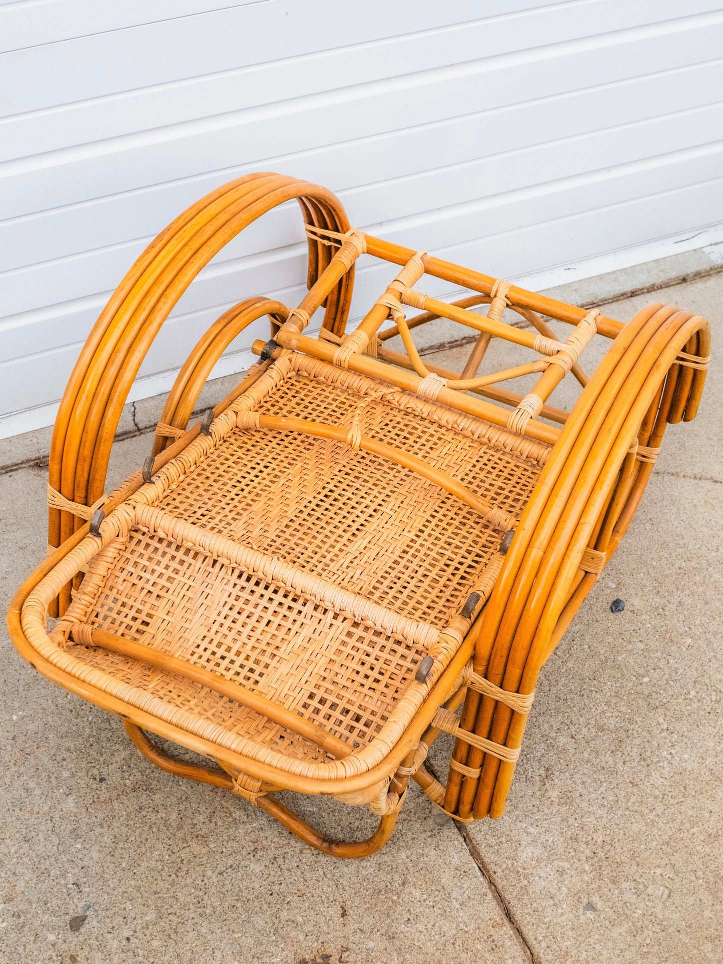 Vintage 1960s Folding Rattan Lounge Chair w/ Ottoman