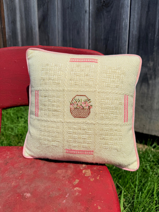 Vintage 1970’s Flower Basket Needlepoint Throw Pillow