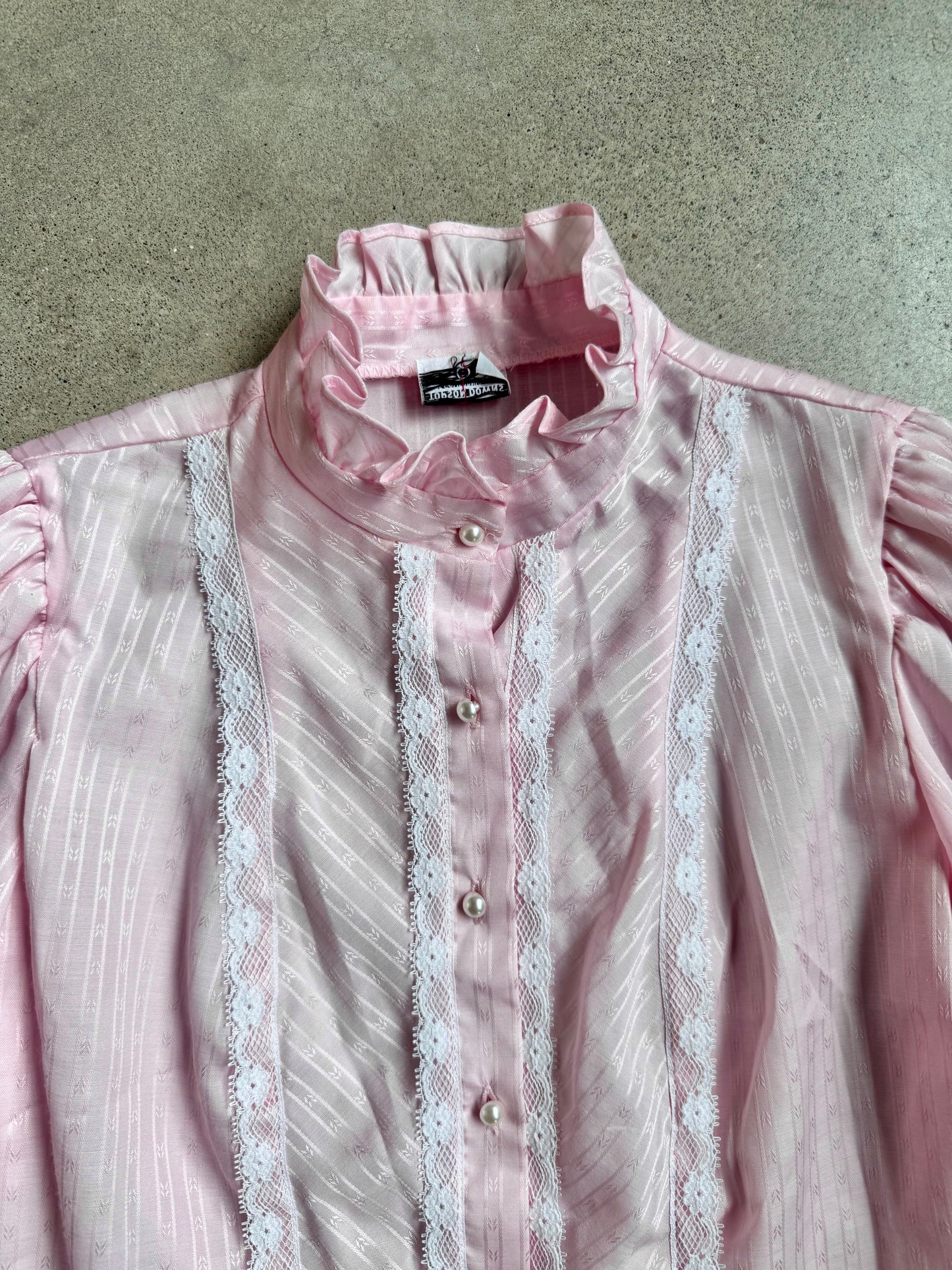 Vintage 1970s Topson Downs California Pink Lace Trim Ruffle Blouse | Large