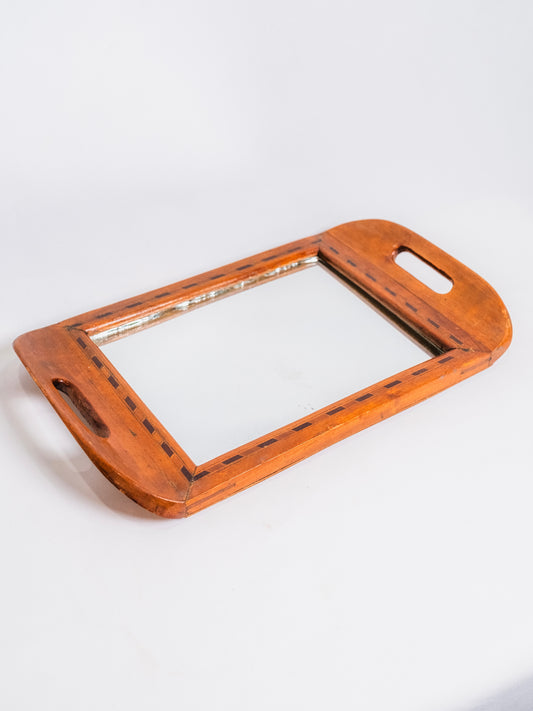 Vintage 1930s Wood Inlay Glass Mirrored Serving Tray