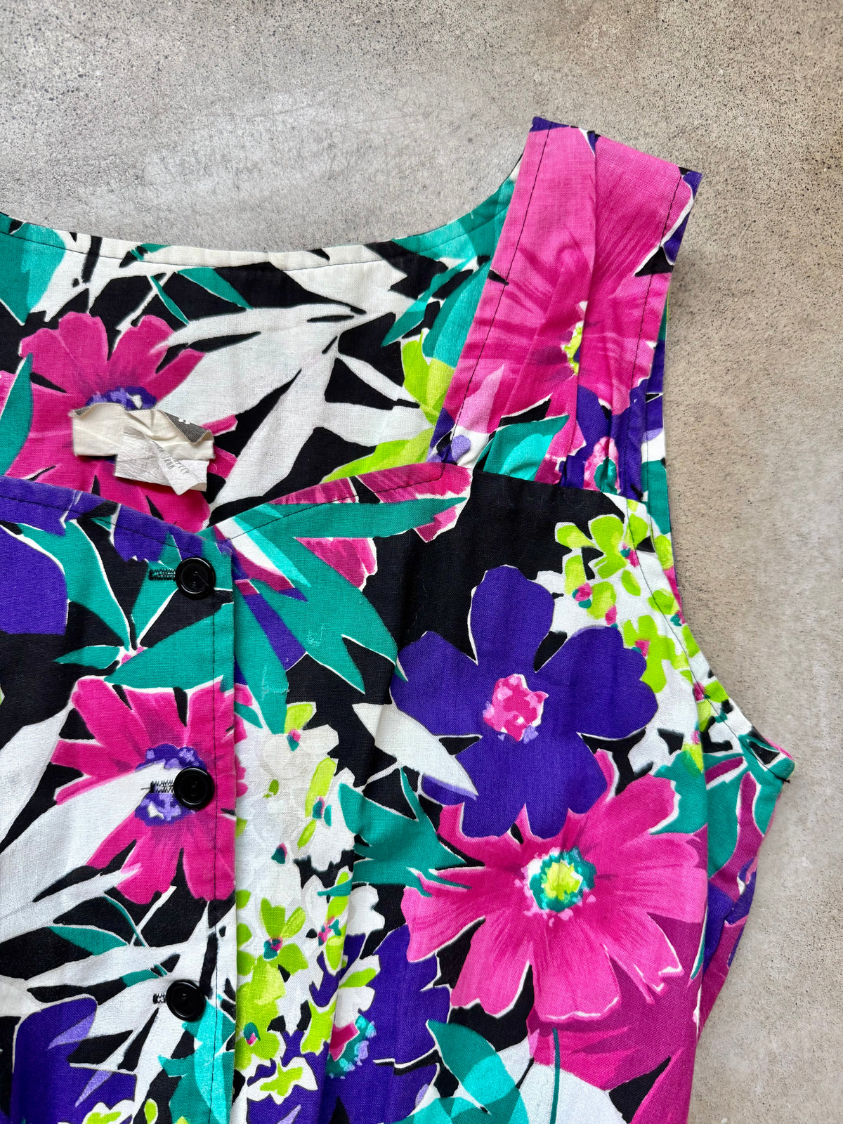 Vintage 1980s Kitty Koyle Bright Floral Belted Sleeveless Cotton Dress | Medium