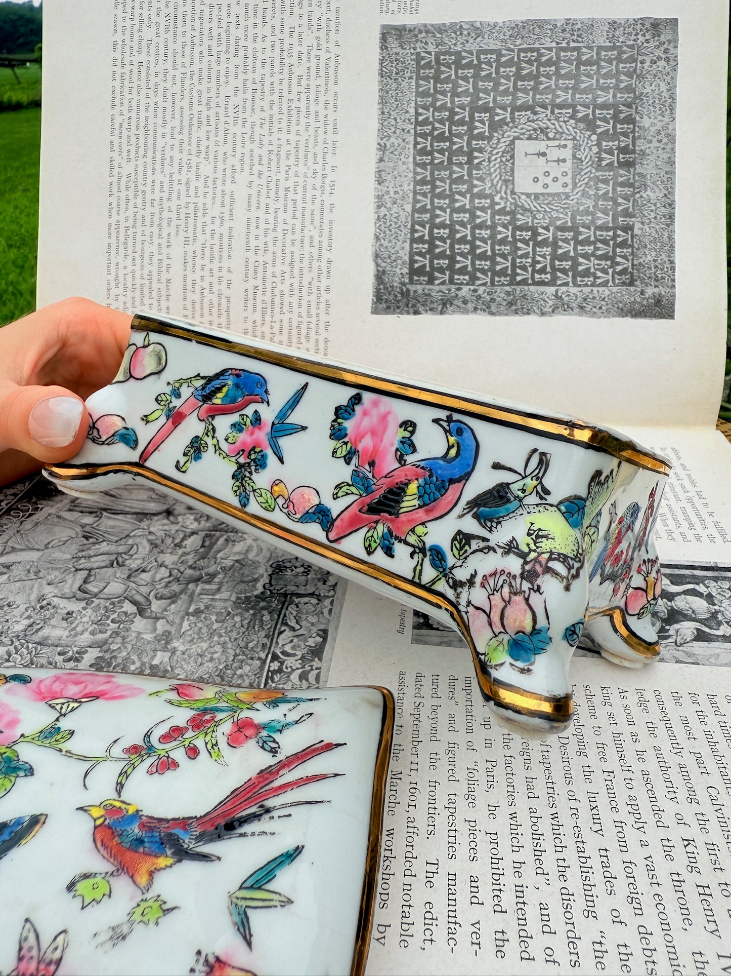 Vintage 1970s Birds Butterflies & Florals Ceramic Trinket Box