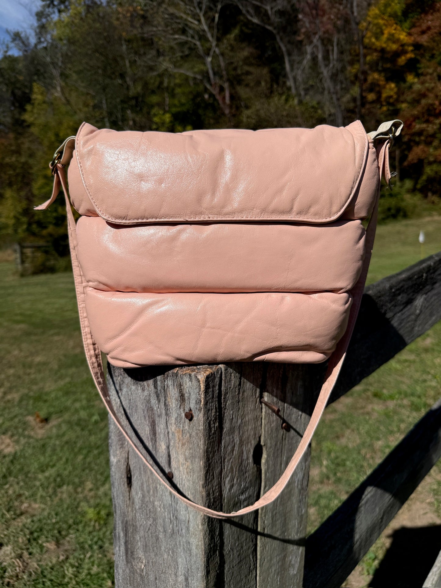 Vintage 1980s Karen NY Pink Quilted Puffer Crossbody Bag