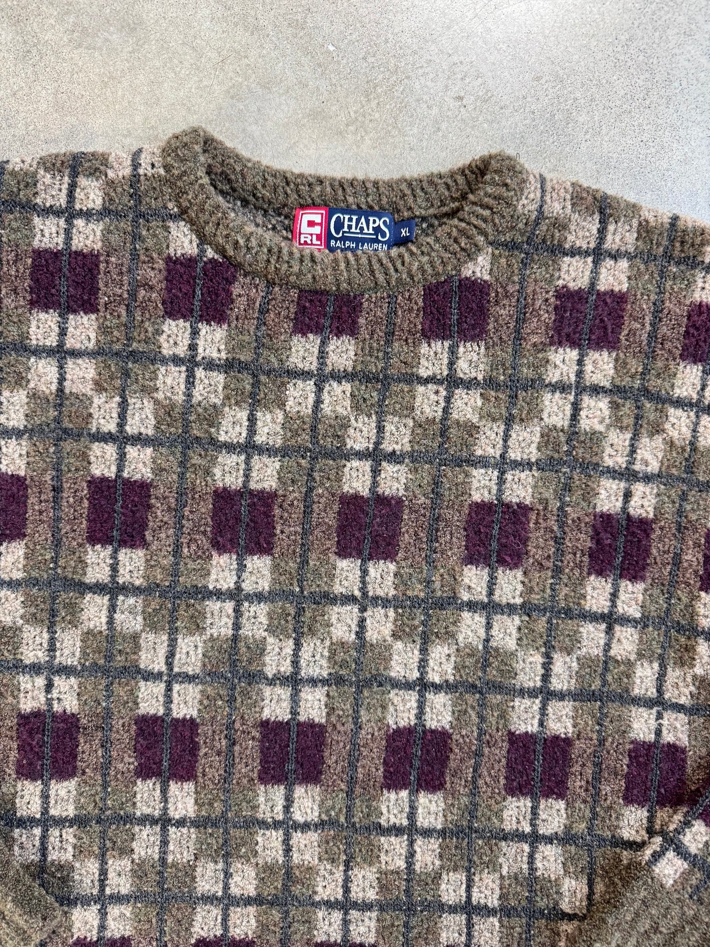 Vintage 1990s Chaps Ralph Lauren Plaid Wool-Blend Crewneck Sweater | XL