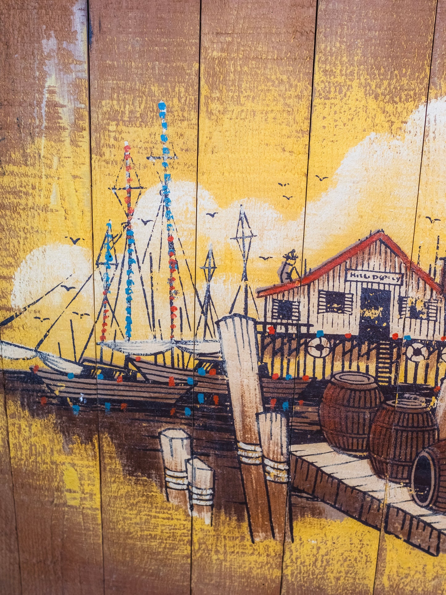 Vintage 1960s Wood Slat "Sailboat at Dock" Ashbrook Painting
