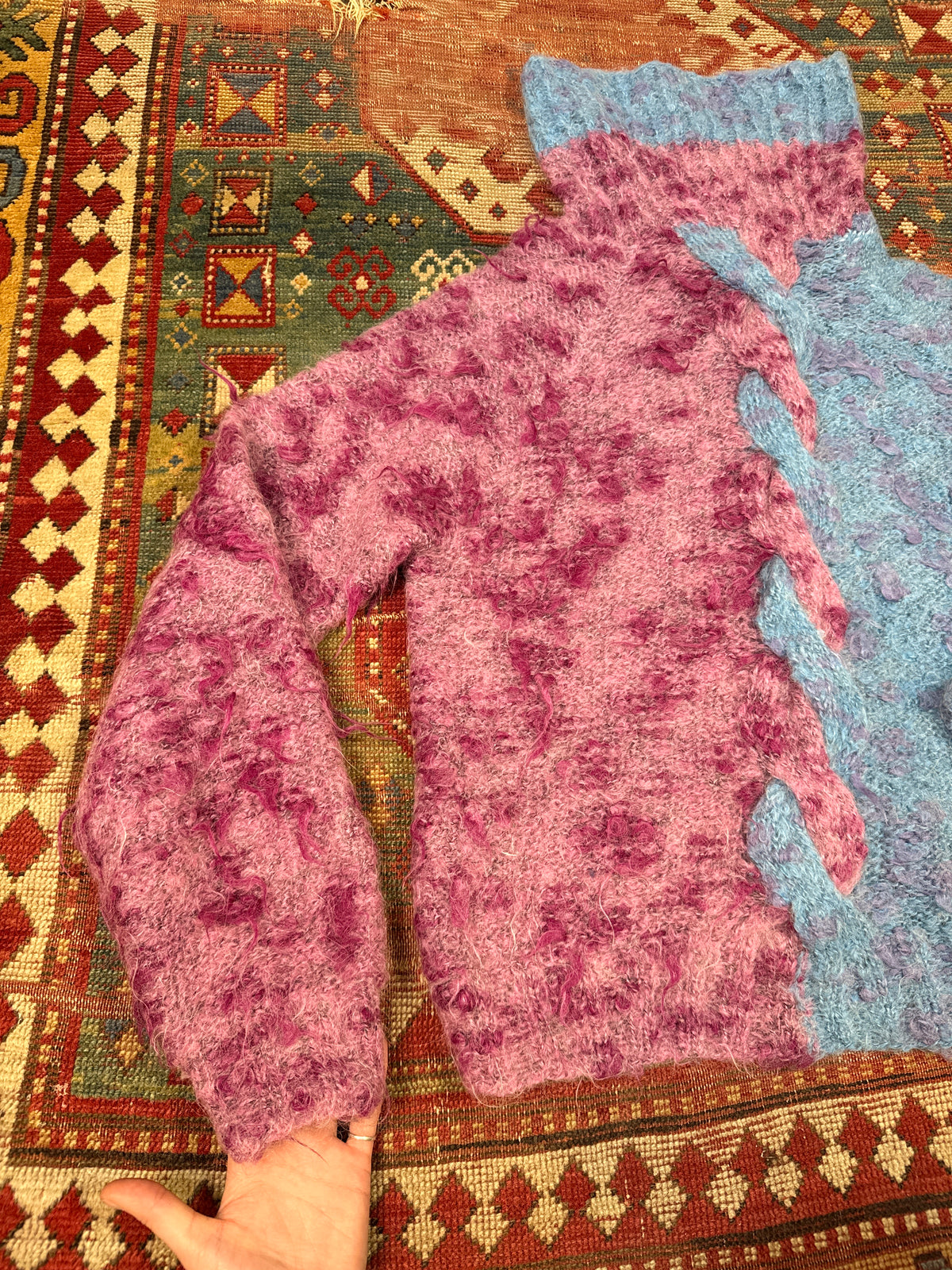 Vintage Handmade Blue & Magenta Brushed Alpaca Knit Turtleneck Sweater