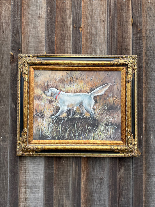 Vintage 1980s Framed & Signed “Dog in the Field” Oil On Canvas Painting
