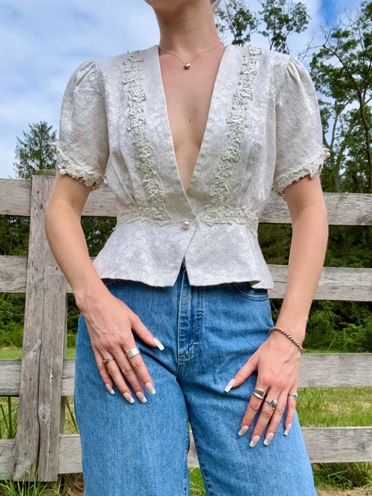 Vintage 1980s Nah Nah Collections by Jonathan Tait Ivory Floral Jacquard & Lace Short Sleeve Blazer | Small