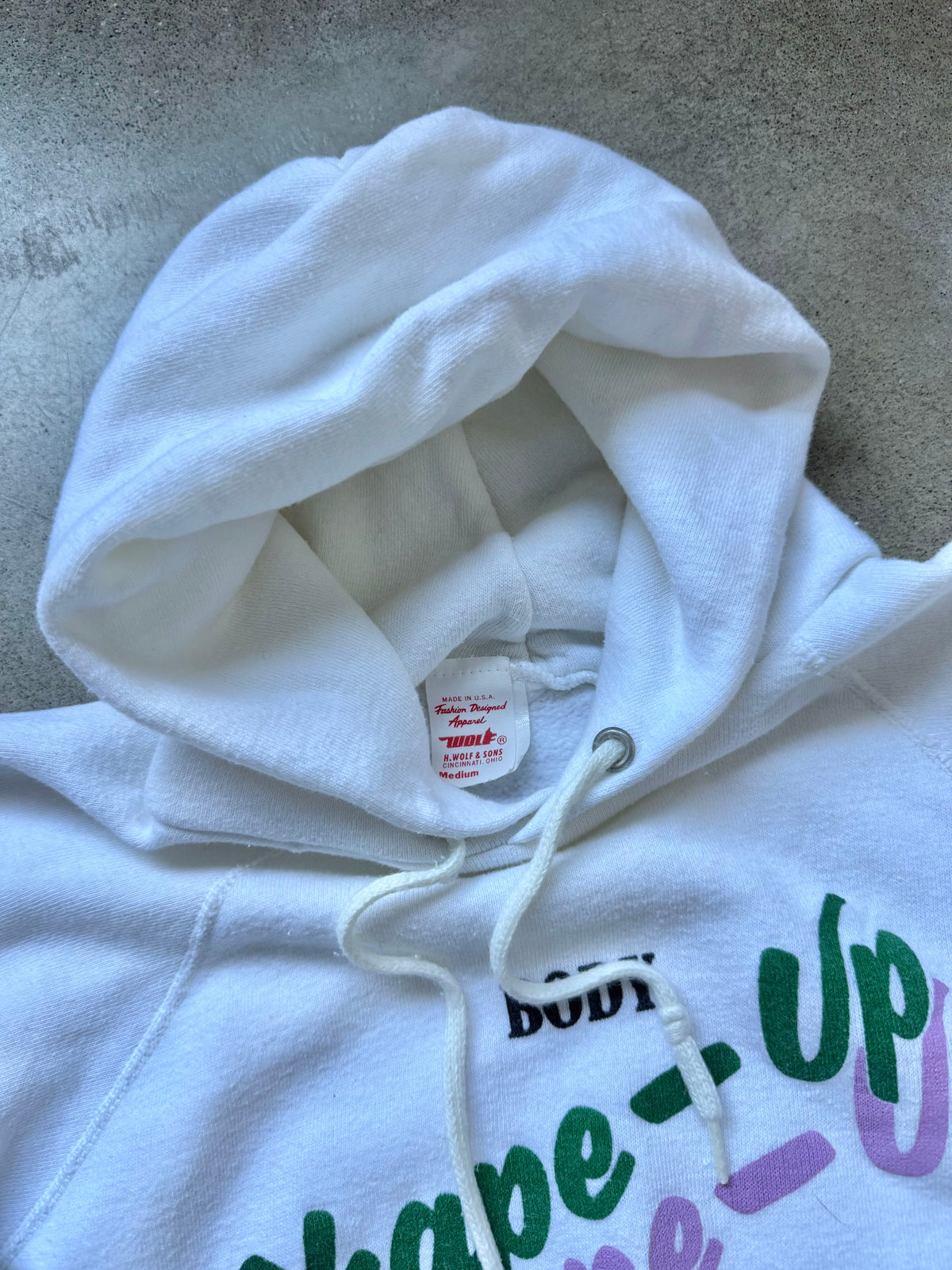 Vintage 1970s/80s Shape-Up Company White Raglan Hooded Sweatshirt | Medium