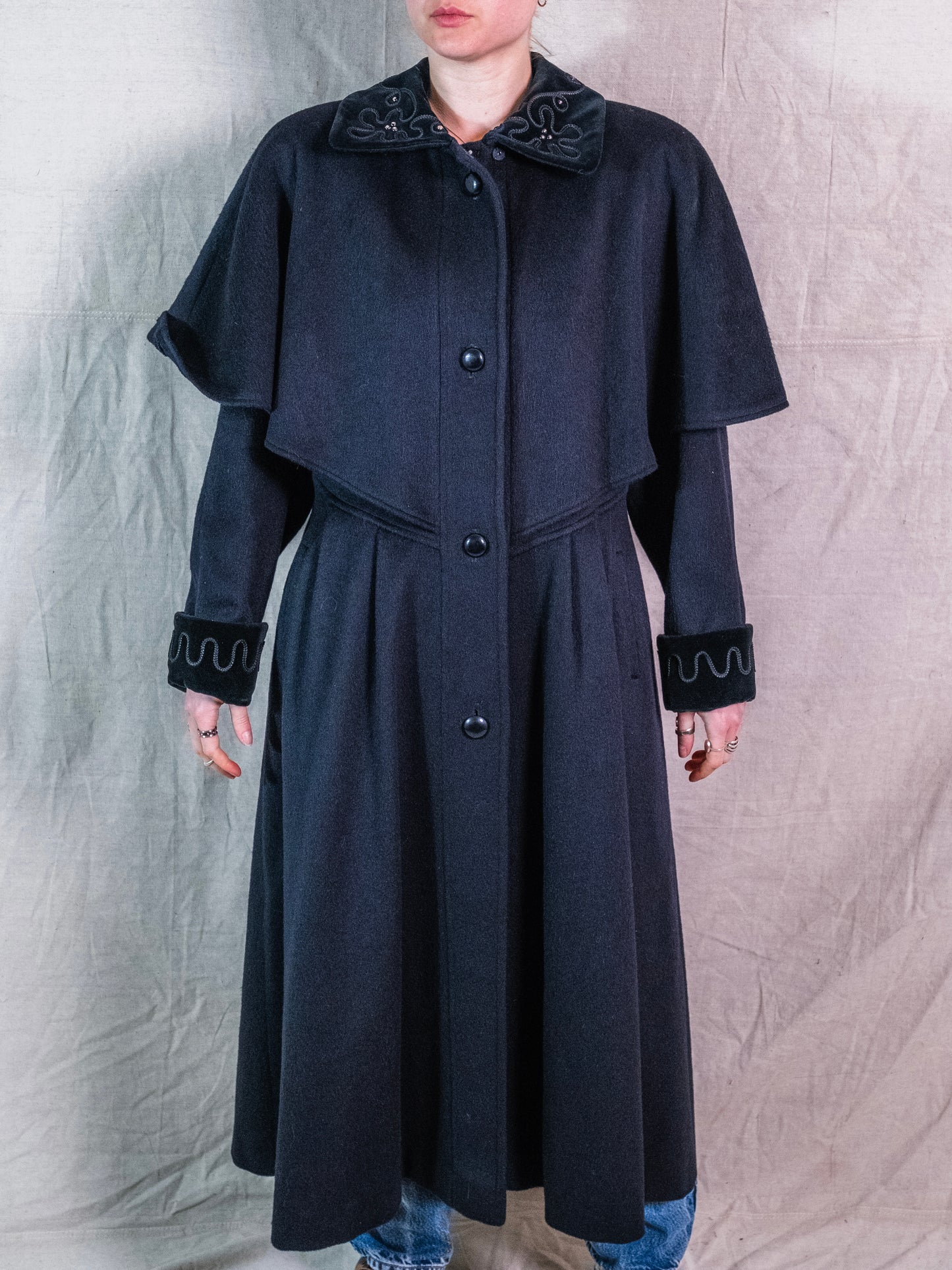 Vintage 1980s Forstmann Black Wool Edwardian-Style Overcoat | Medium