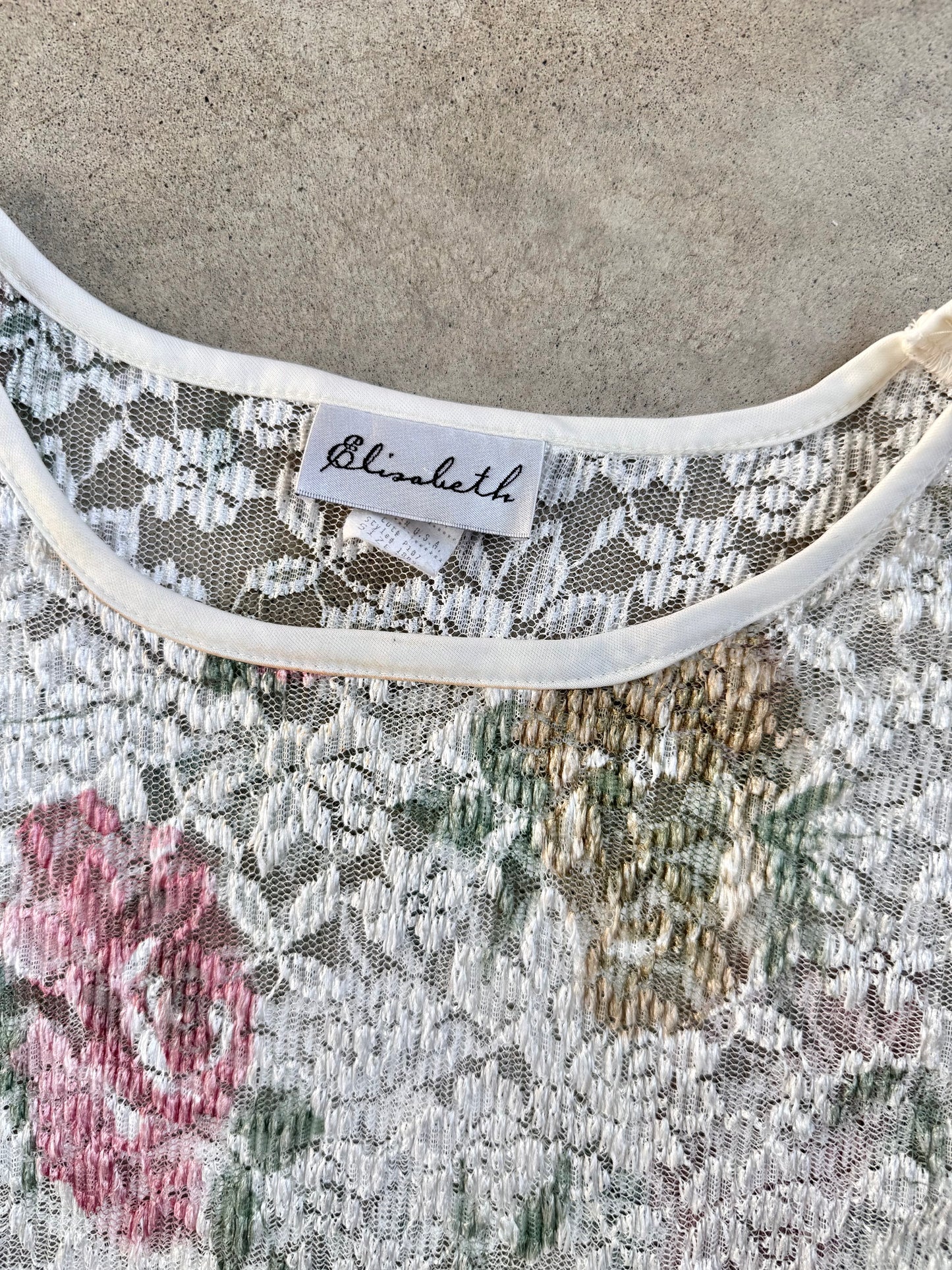 Vintage 1980s Elizabeth Floral Mesh Lace Short Sleeve Mini Dress | L/XL
