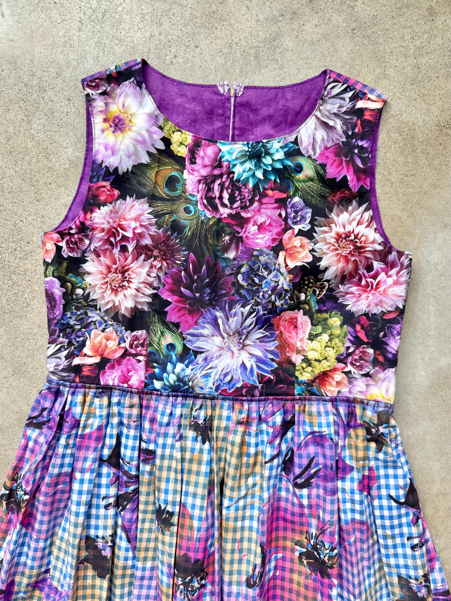 Vintage Handmade Floral Gingham Print Sleeveless Pleated Dress | S/M