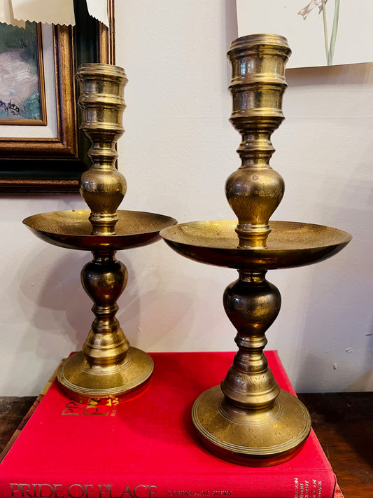 Vintage Etched Brass Candlesticks | Set of 2