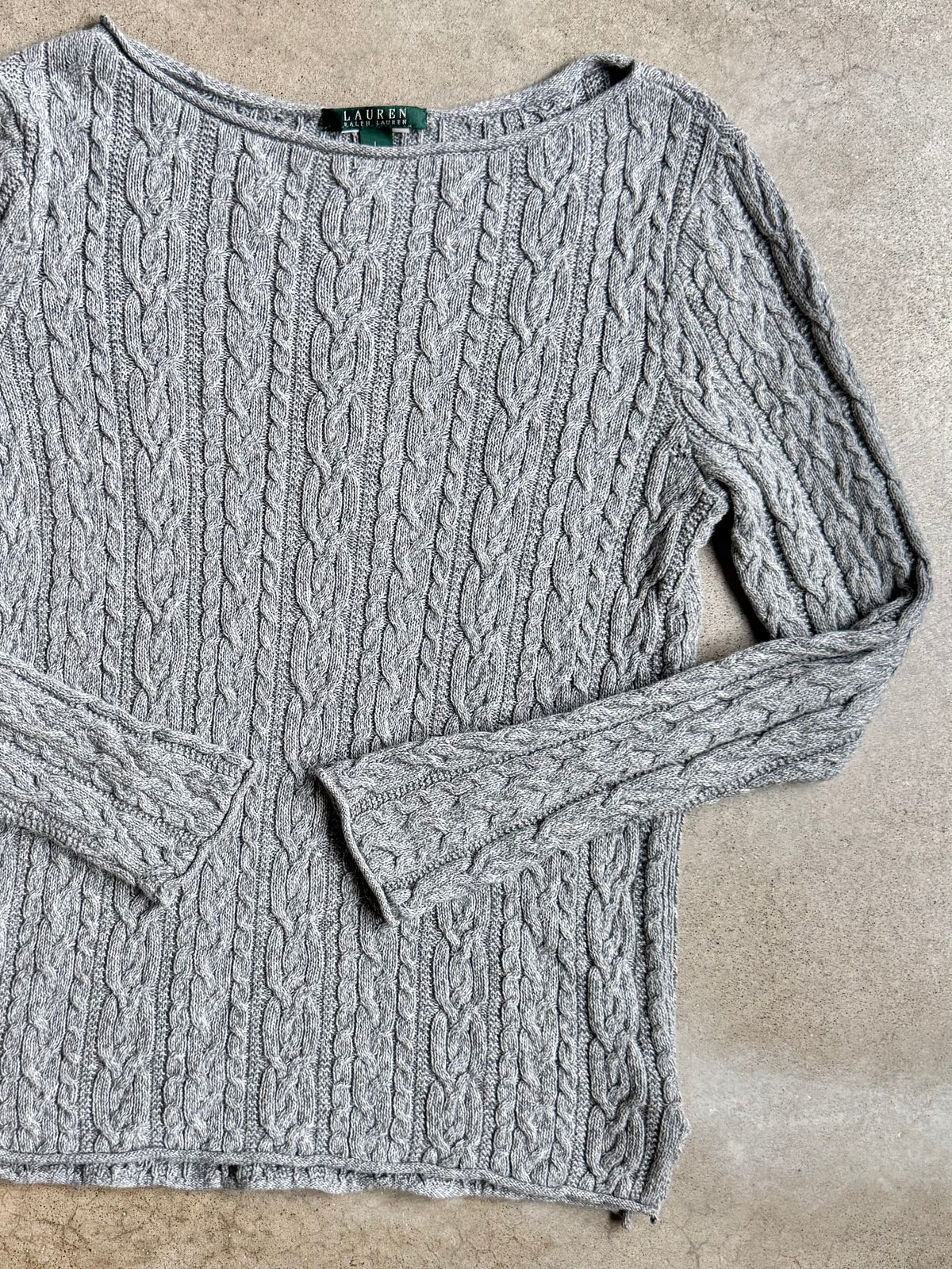 Vintage Lauren Ralph Lauren Grey Cable-Knit Boat Neck Sweater | Large