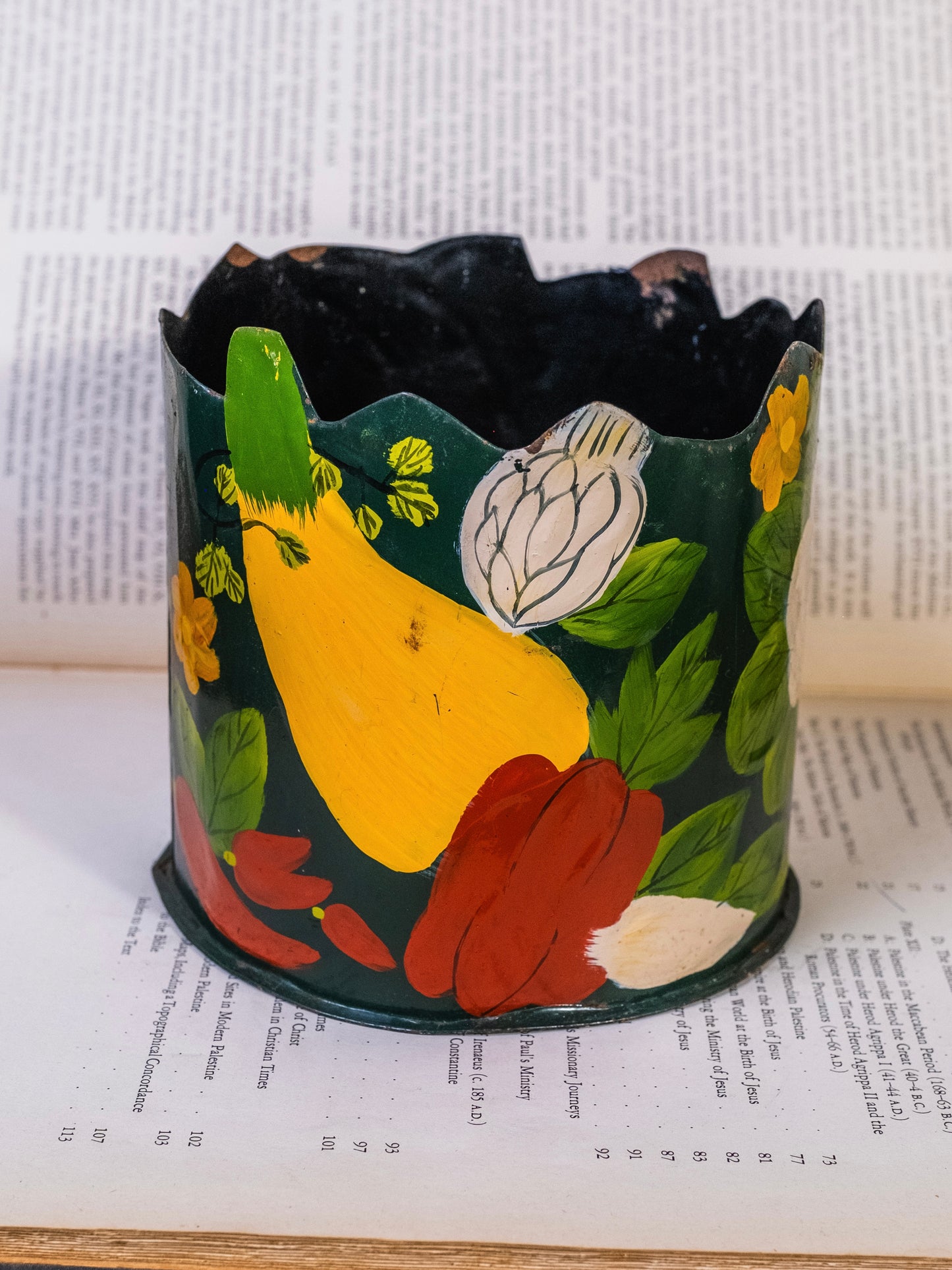 Vintage Hand-Painted Vegetable Toleware Cachepot Planter