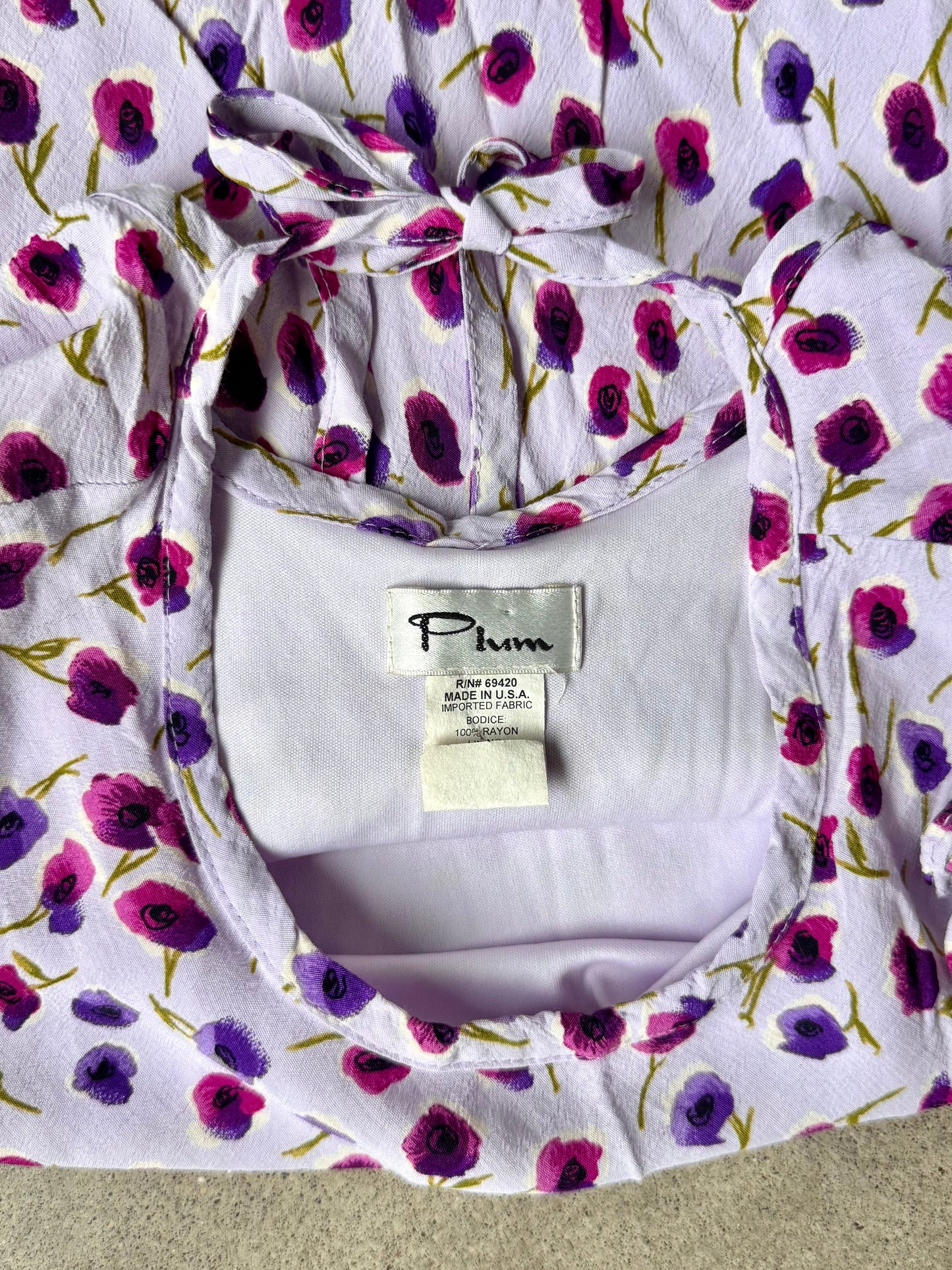 Vintage 1990s Plum Lavender Floral Print Flutter Sleeve Dress | XS