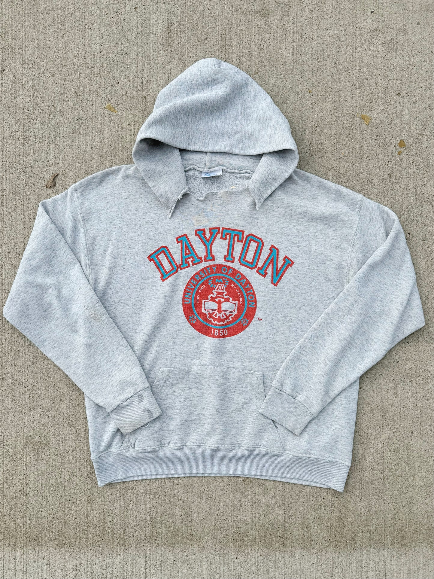 Vintage 1980s University of Dayton Worn Grey Hoodie Sweatshirt | L/XL