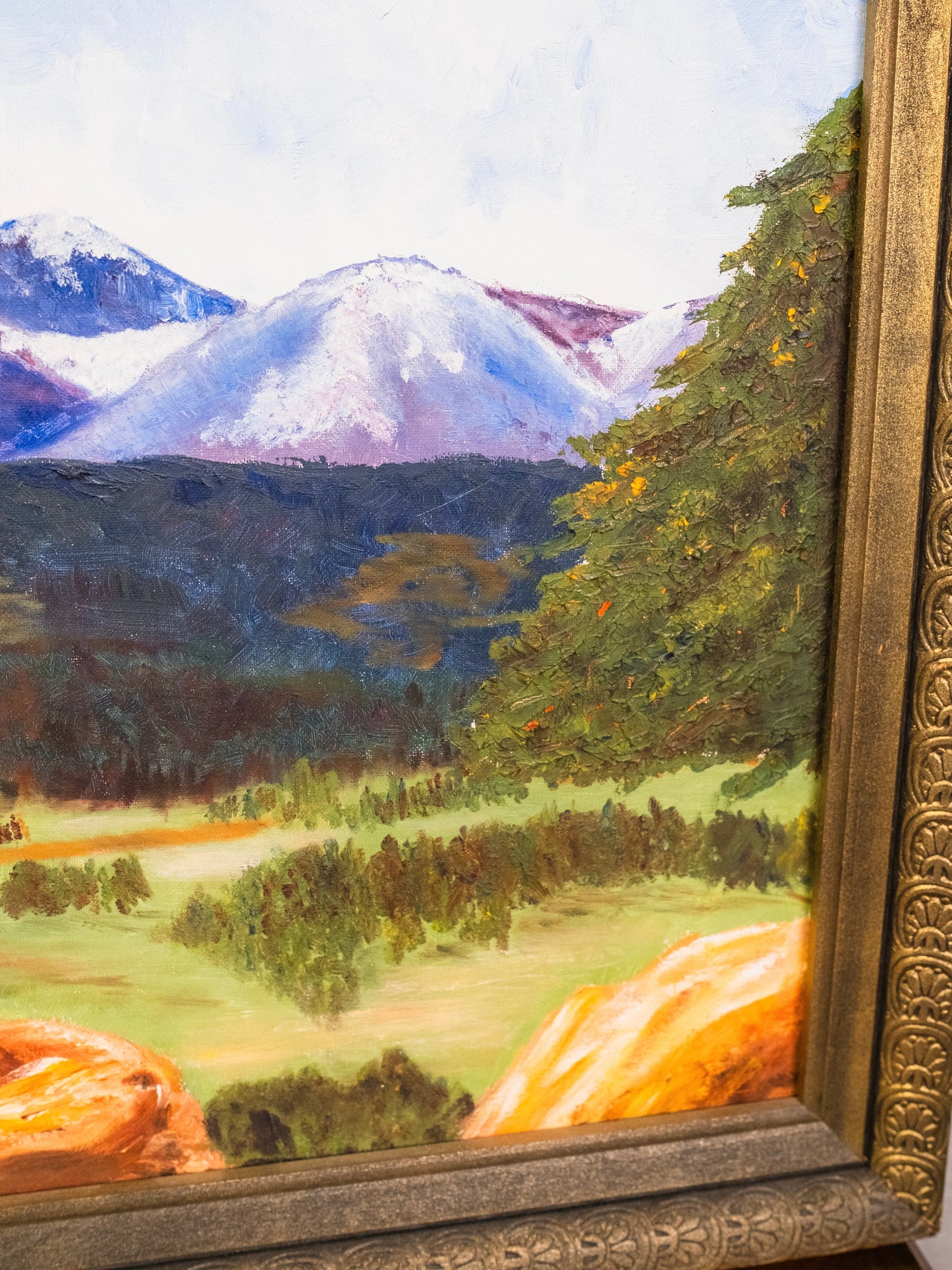 Vintage Framed Mountain Landscape Oil on Board Painting