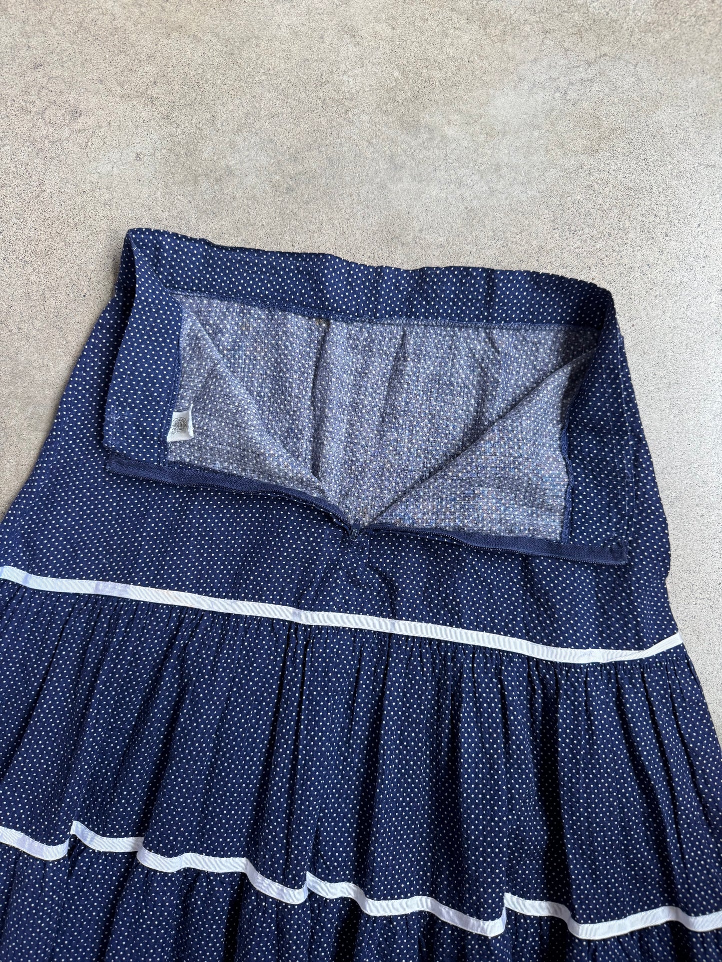 Vintage 1960s Blue & White Polka Dot Cotton Tiered Western Skirt | Waist 30”
