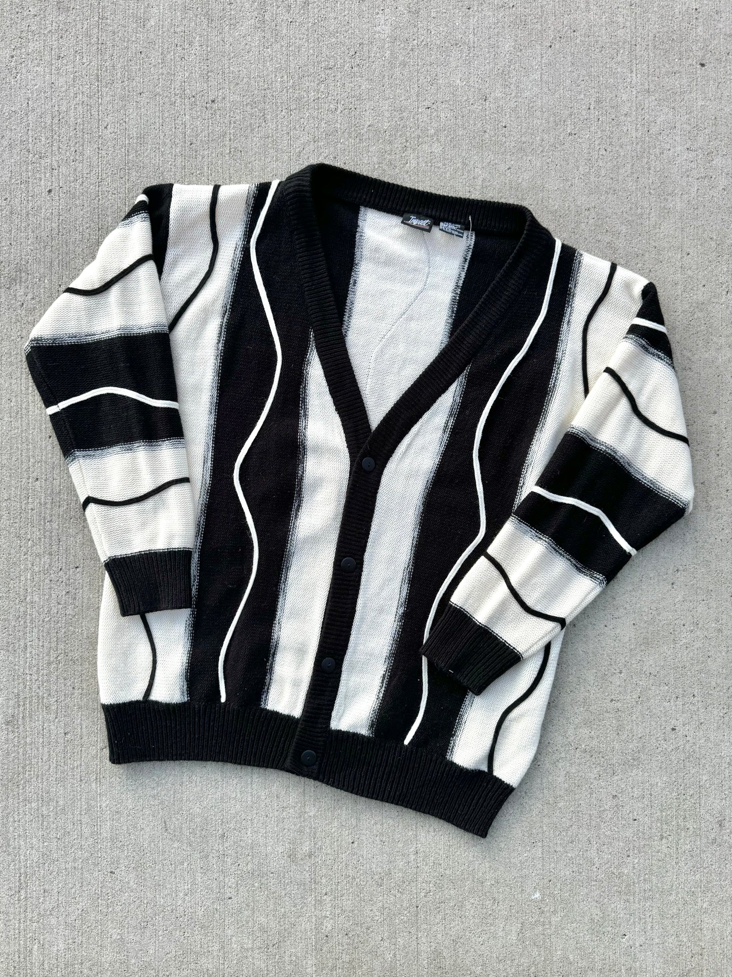 Vintage Impact Black & White Striped Funky Knit V-Neck Cardigan | XL