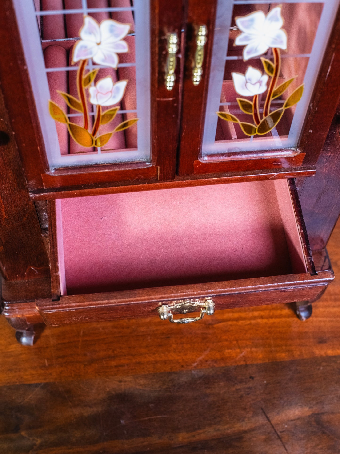 Vintage Floral Glass Door Wooden Jewelry Armoire