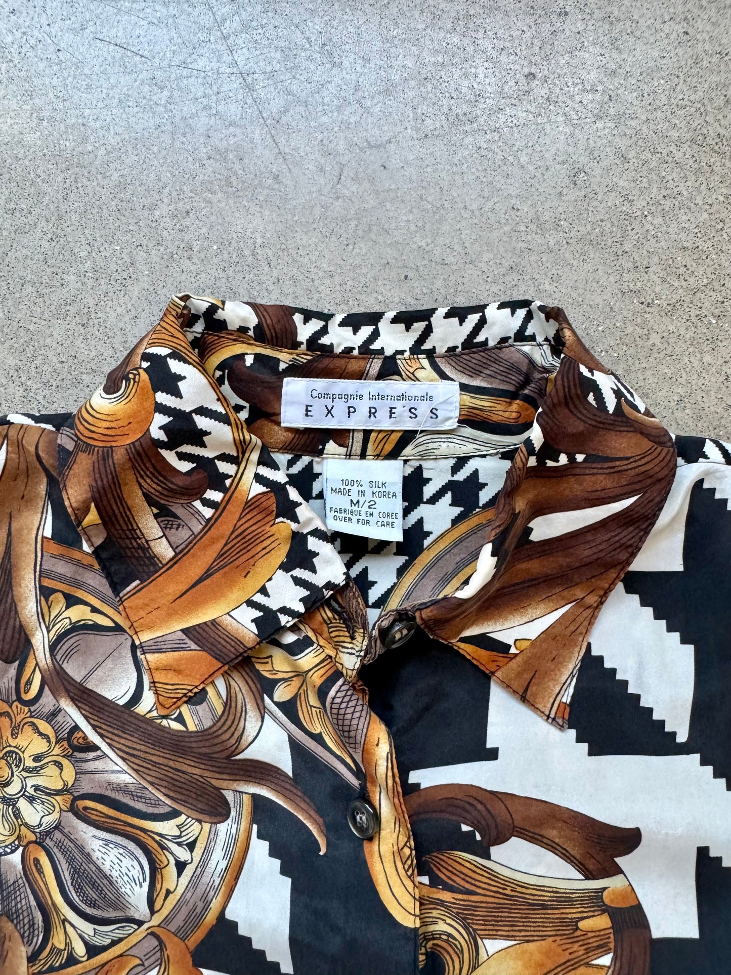 Vintage 1980s/90s Express Baroque Houndstooth Printed Silk Blouse | Medium