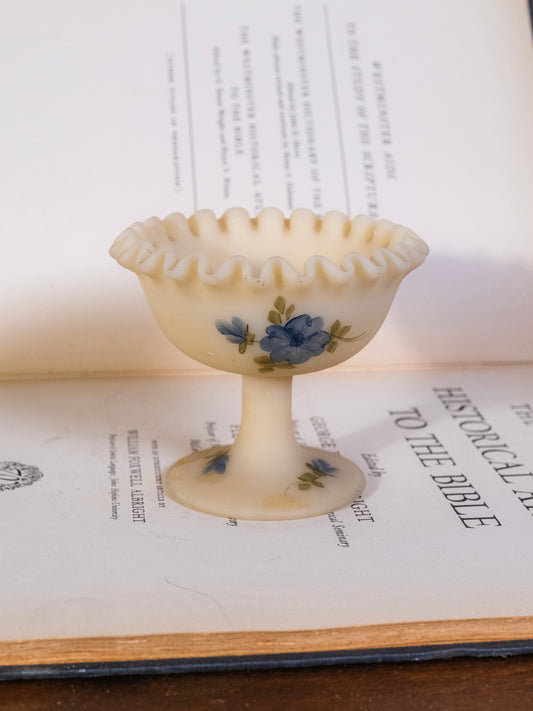 Vintage 1960s Fenton Hand-Painted Custard Satin Compote Pedestal Dish | Signed