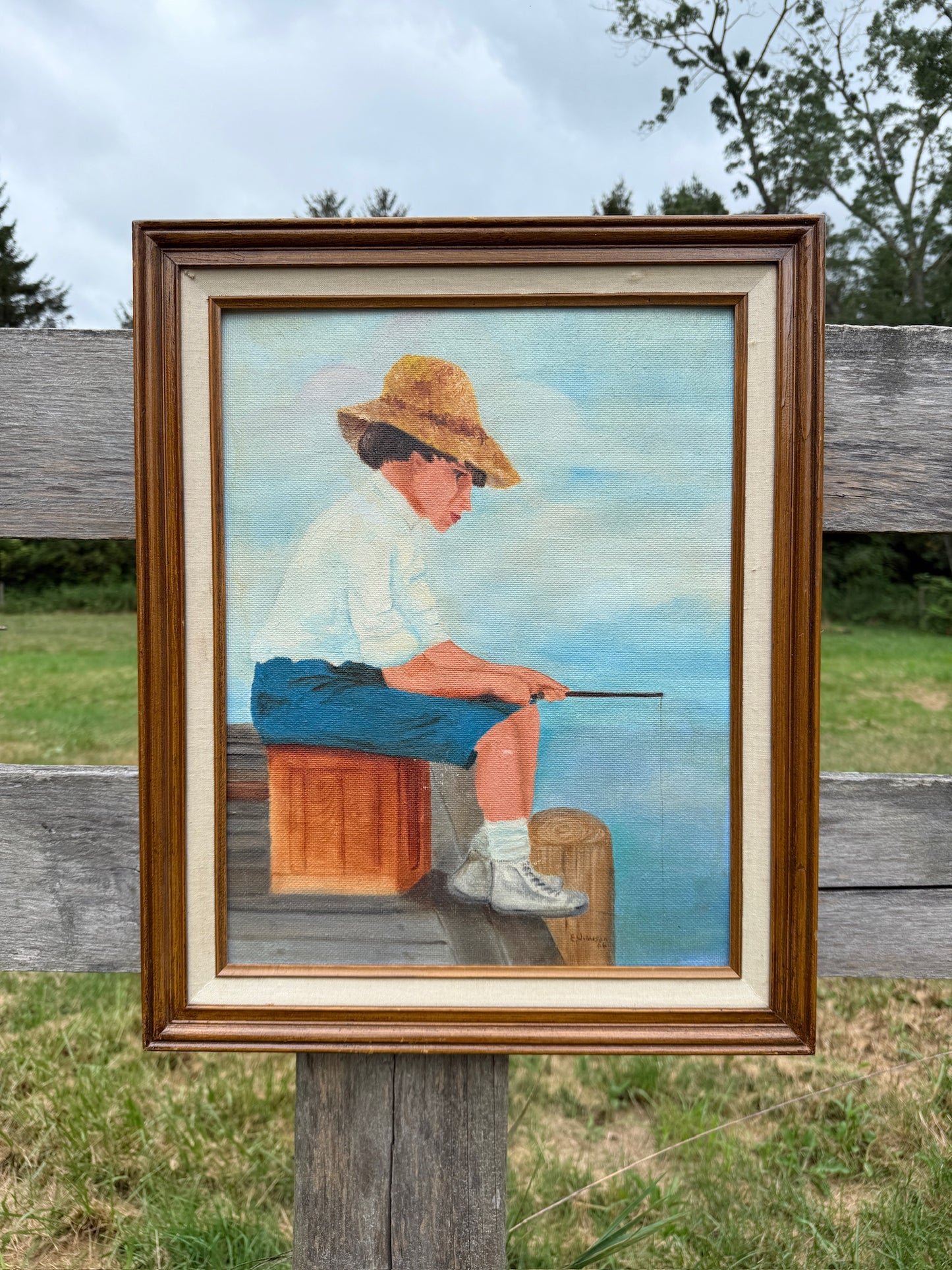 Vintage 1960s Framed & Signed "Boy Fishing" Oil on Board Painting