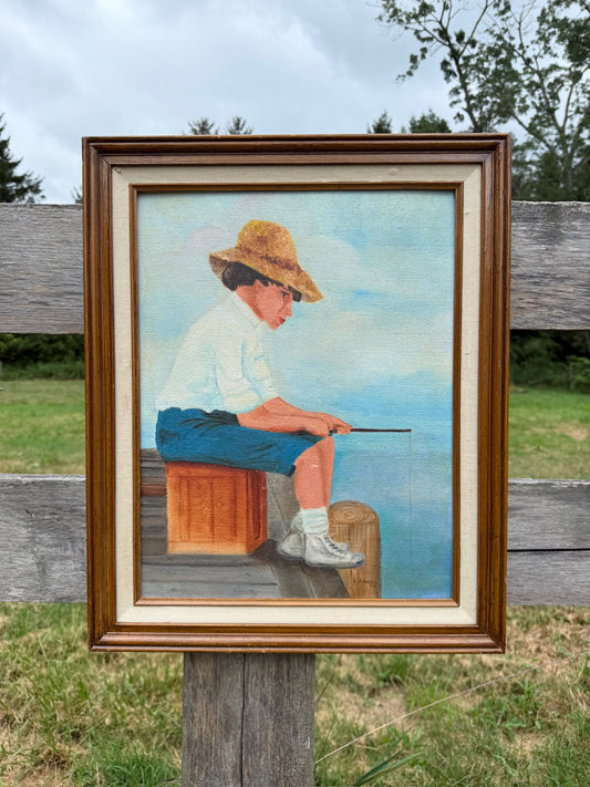 Vintage 1960s Framed & Signed "Boy Fishing" Oil on Board Painting