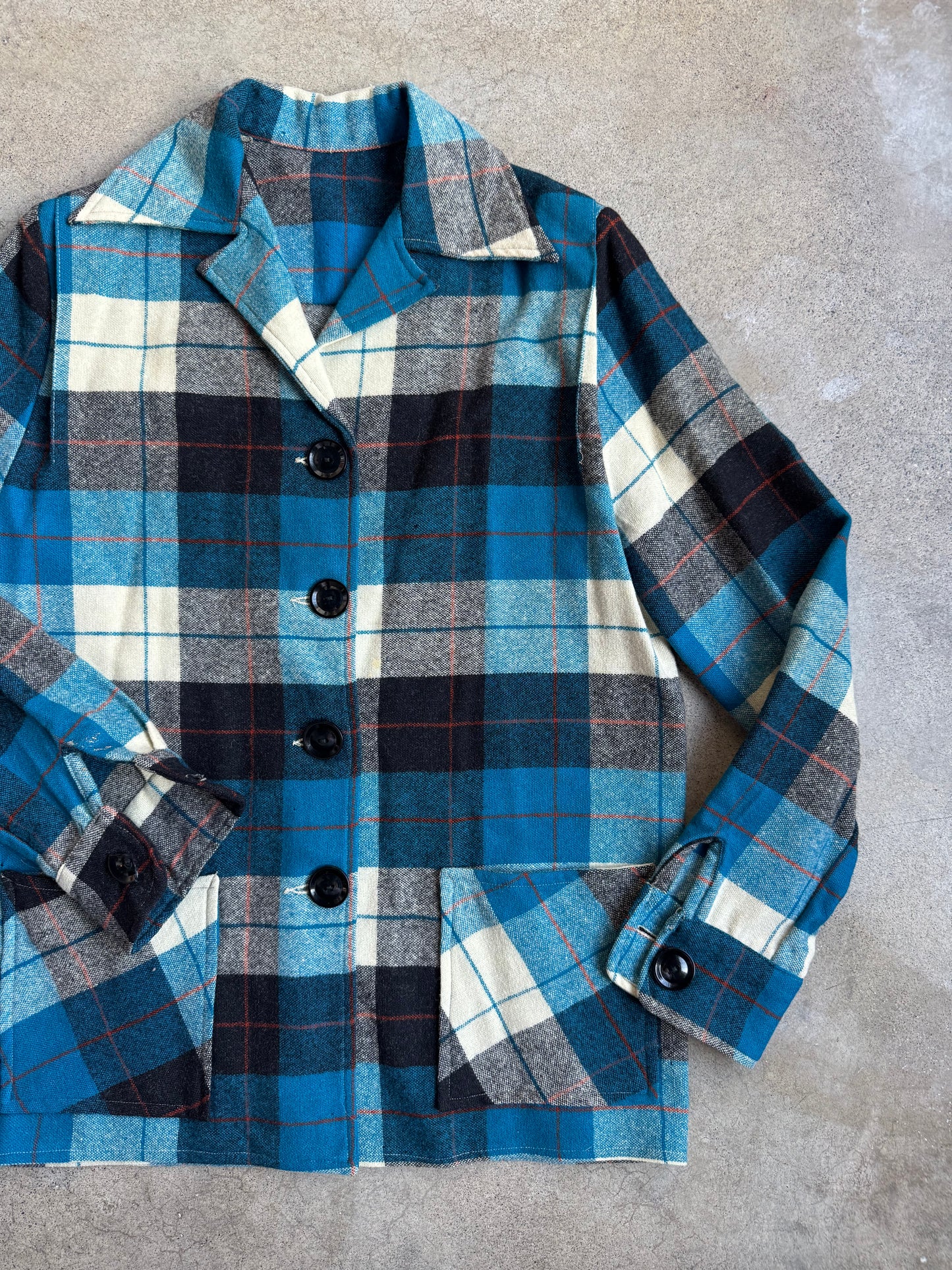 Vintage 1940s Blue & White Plaid Wool Button-Up Shirt Jacket | Small