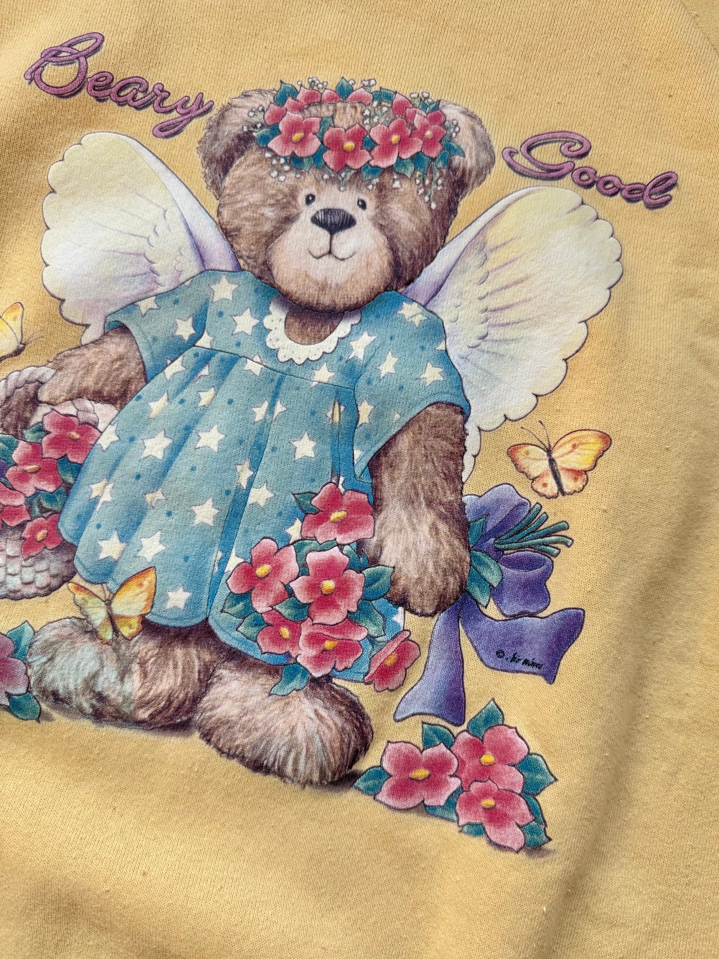 Vintage 1990s Yellow “Beary Good” Teddy Bear Angel Graphic Raglan Sweatshirt | XL