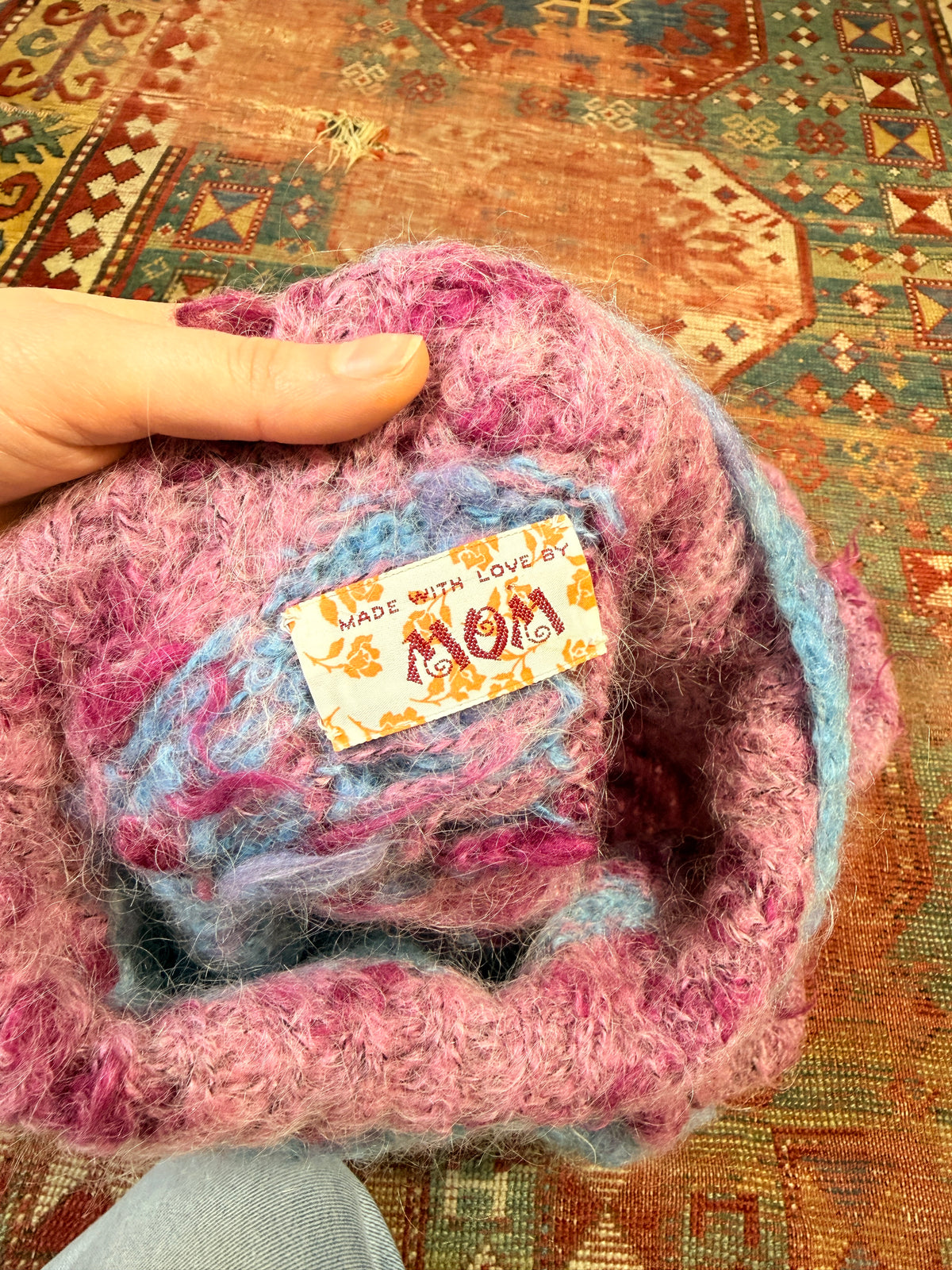 Vintage Handmade Blue & Magenta Brushed Alpaca Knit Turtleneck Sweater
