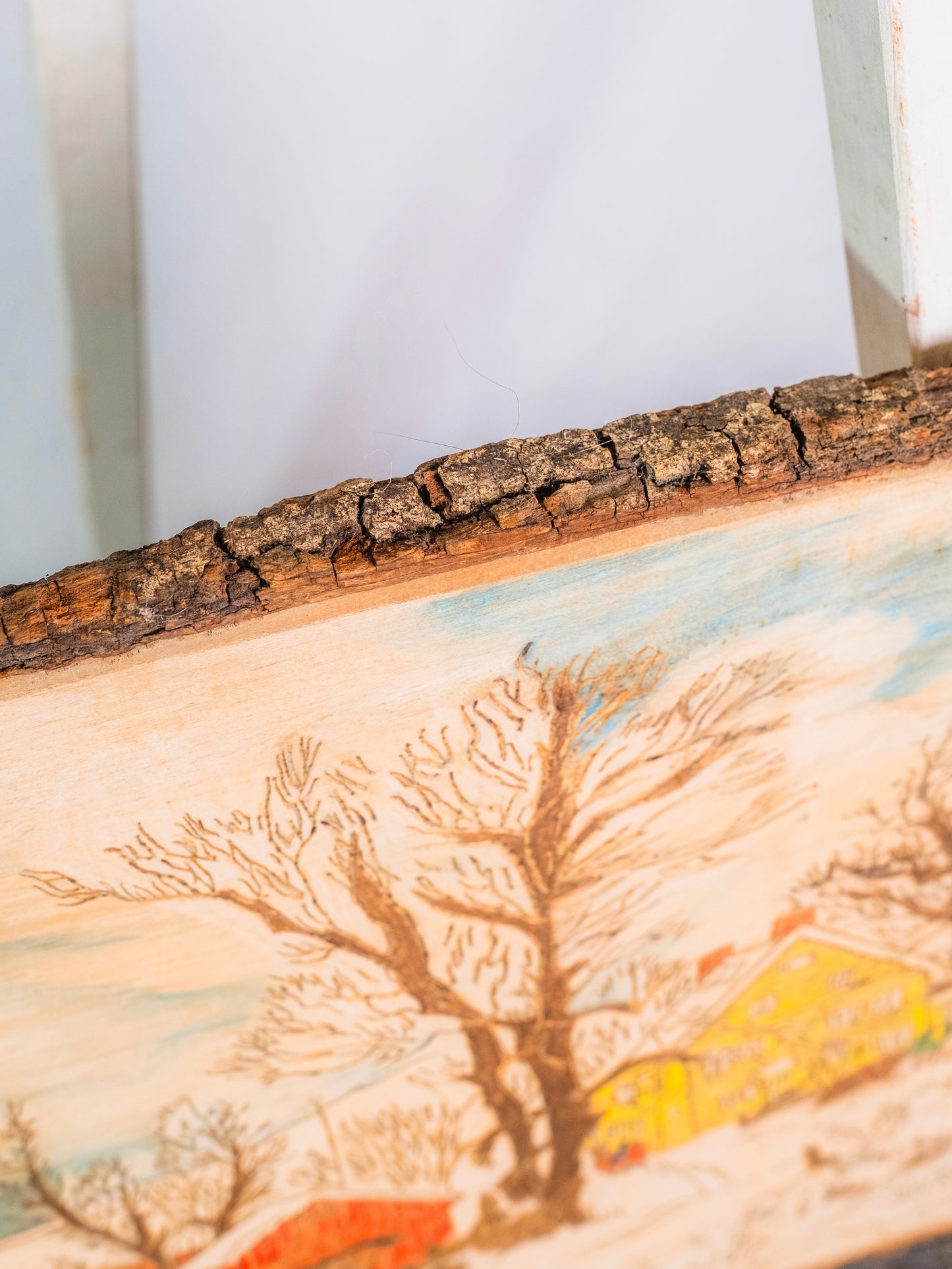 Vintage 1960s Handmade Wood Slab Carved "Winter Farm Scene" Wall Art