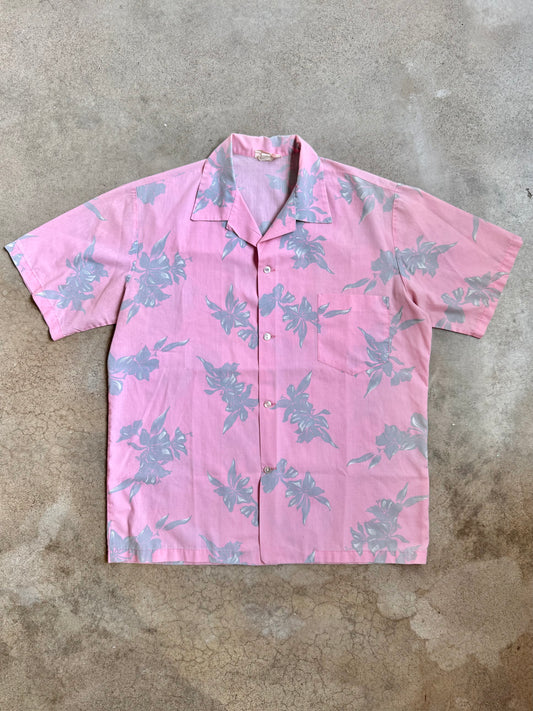 Vintage 1970s Aikane Pink & Grey Hawaiian Shirt | M/L