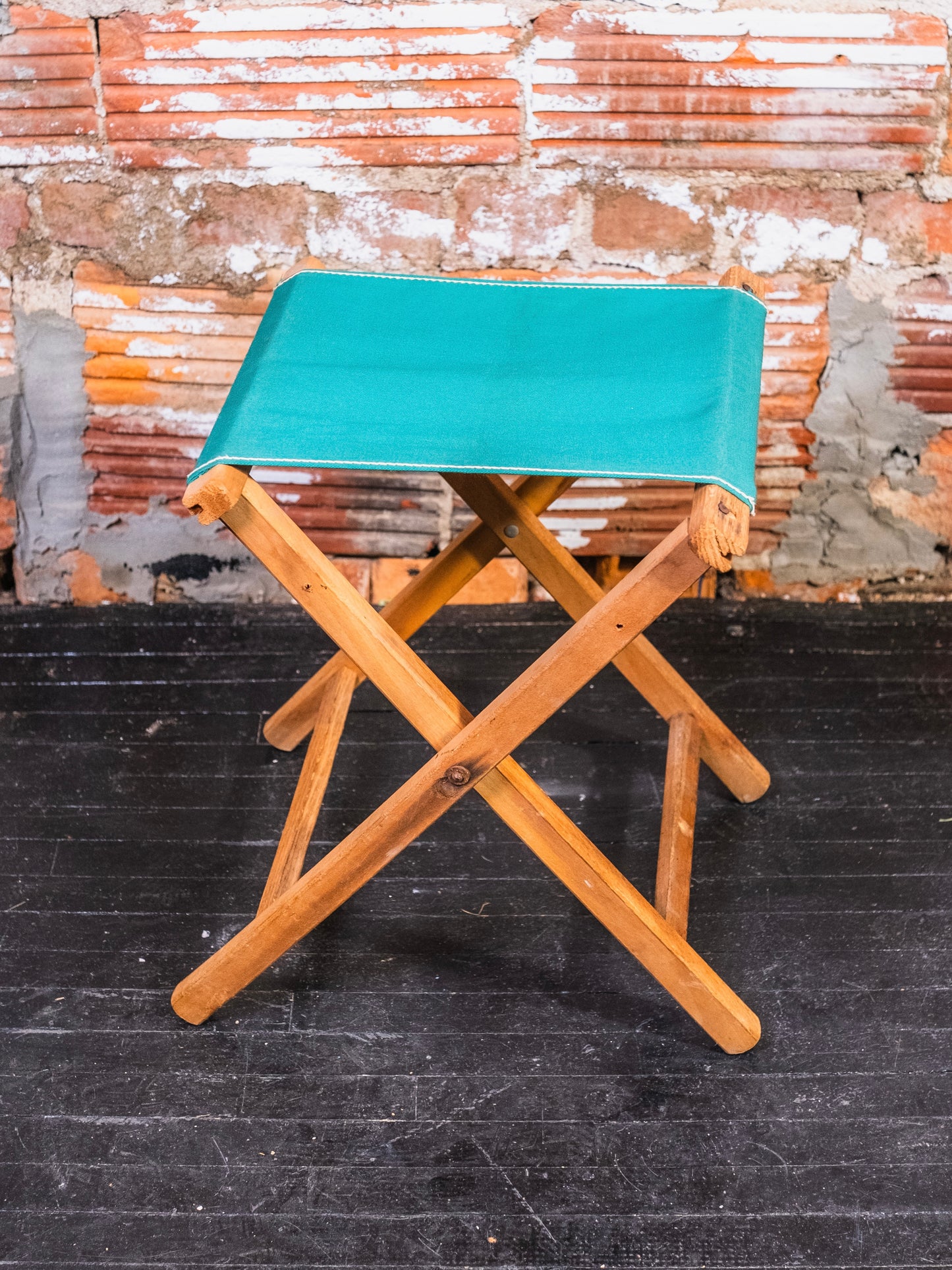 Vintage Green Canvas & Wood Folding Camp Stool