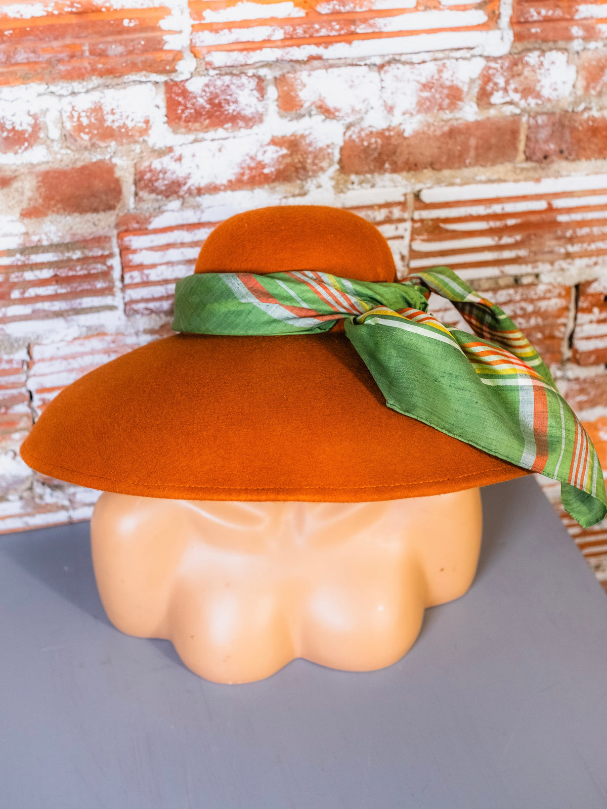 Vintage Rust Orange Felted Wool Wide Brim Hat w/ Green Plaid Scarf