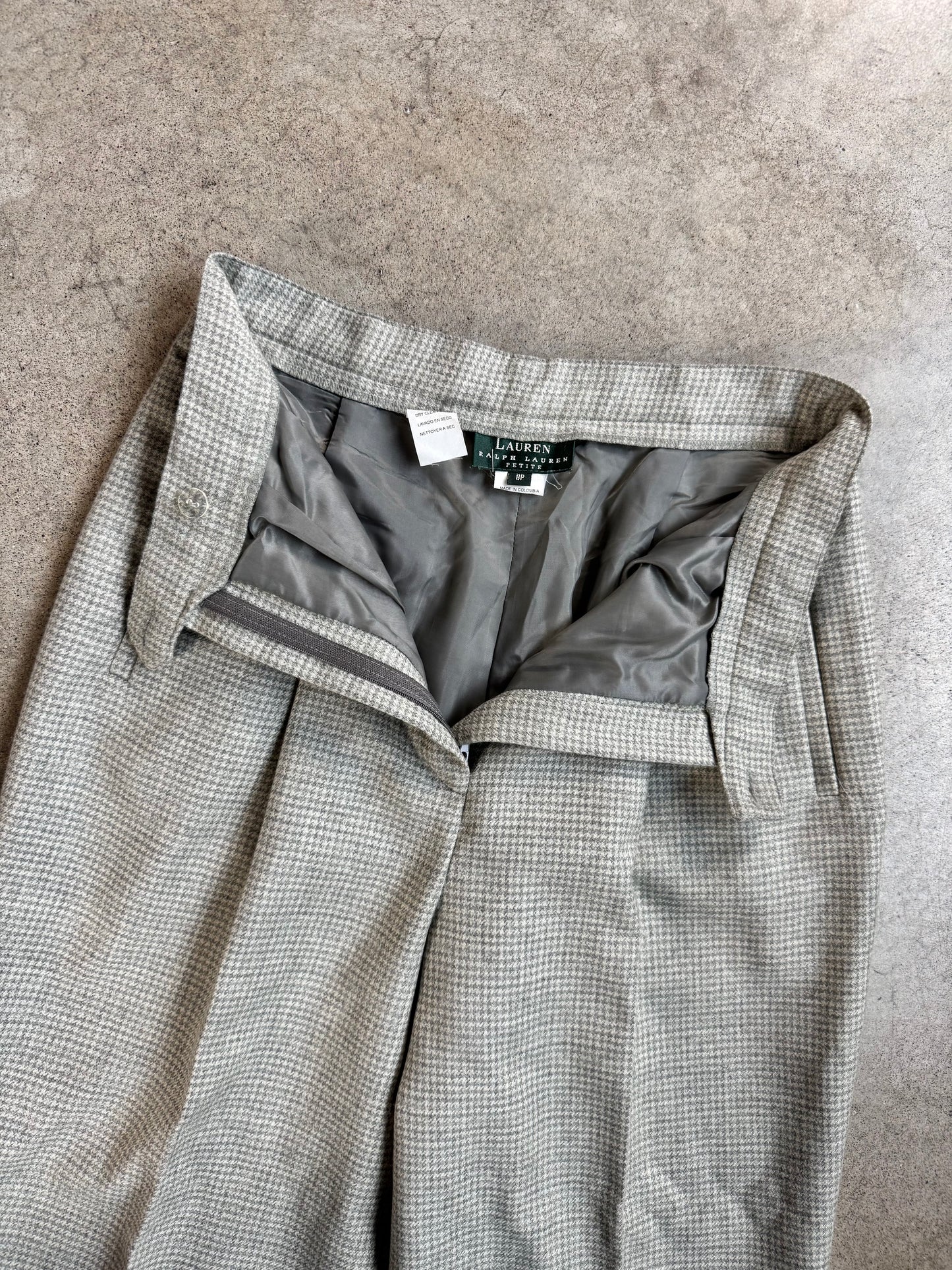 Vintage 1990s Lauren Ralph Lauren Grey Houndstooth Wool Pleated Trousers | Waist 27”