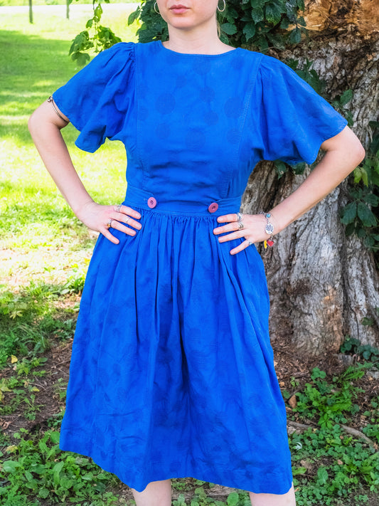 Vintage 1980s Alexandra Summers Blue Short Puff Sleeve Cotton Wrap Dress | S/M