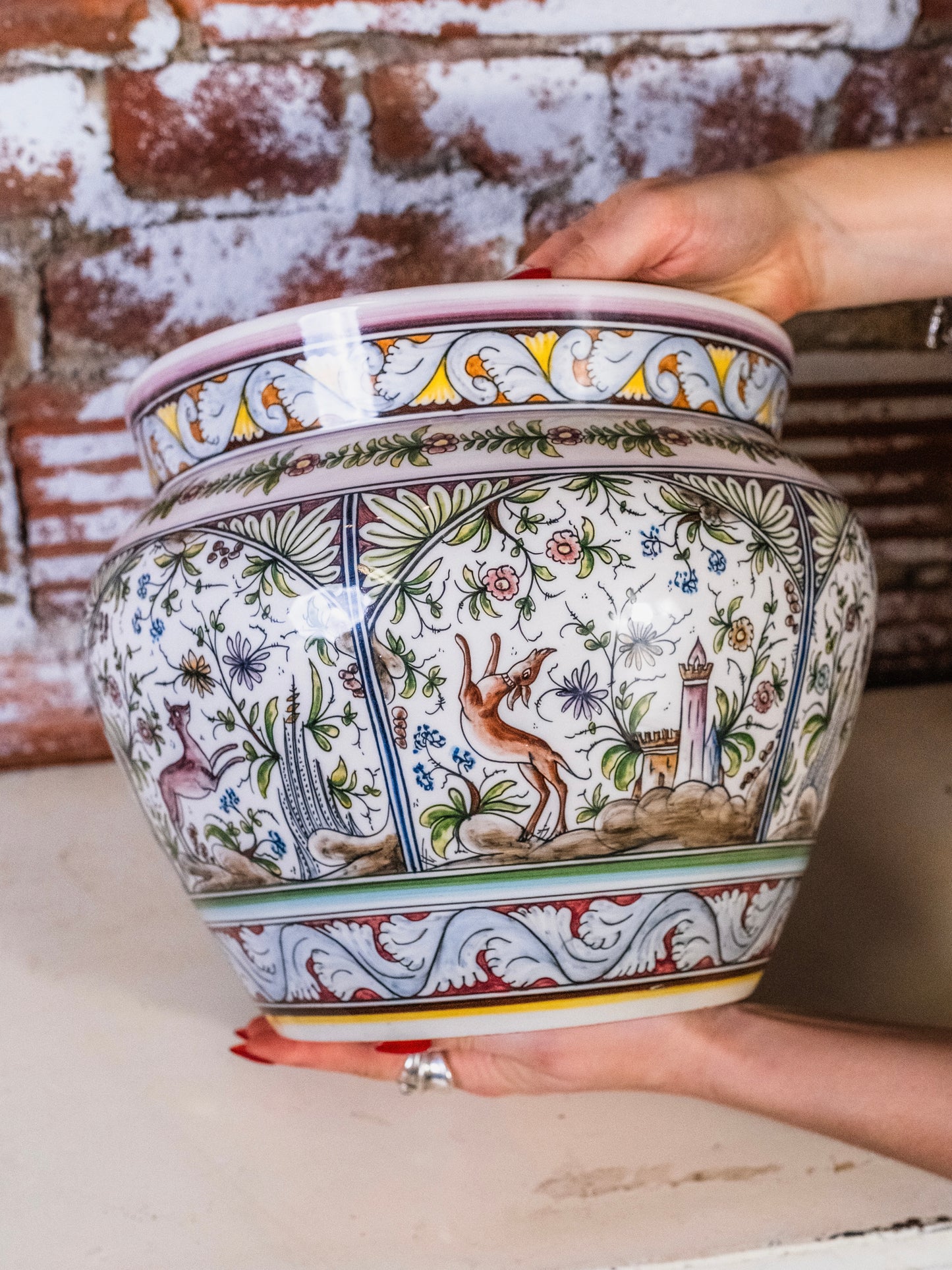 Vintage Portuguese Coimbra Hand-Painted Ceramic Planter