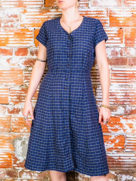 Vintage 1950s Berkshire Navy Swiss Dot Plaid Short Sleeve Button-Front Dress | XS