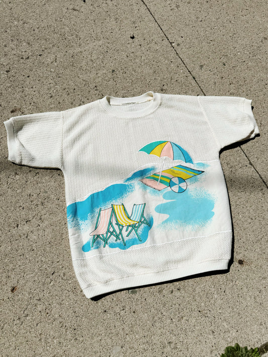 Vintage 1980s Beach Scene Short Sleeve Knit Sweatshirt