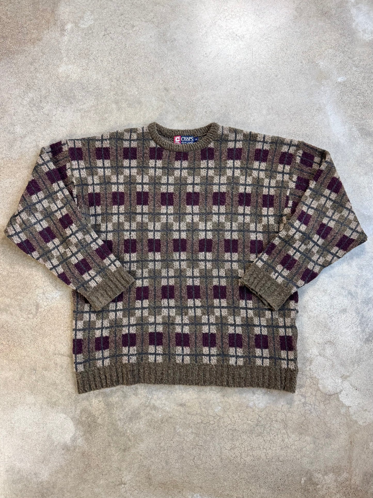 Vintage 1990s Chaps Ralph Lauren Plaid Wool-Blend Crewneck Sweater | XL