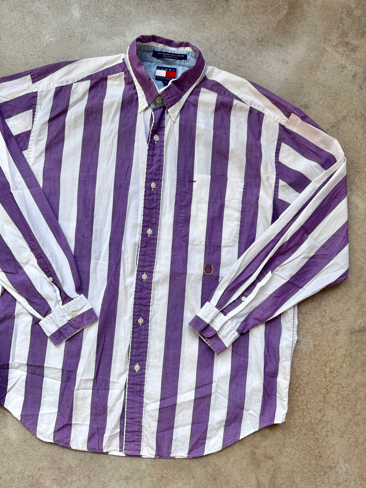 Vintage 1990s Tommy Hilfiger Purple Striped Button Down Shirt | Large