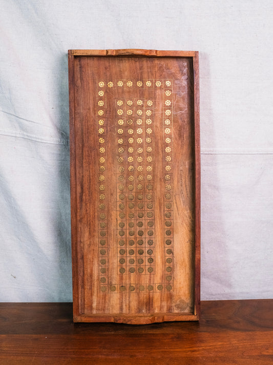 Vintage 1950s Teakwood Brass Inlay Floral Pattern Serving Tray