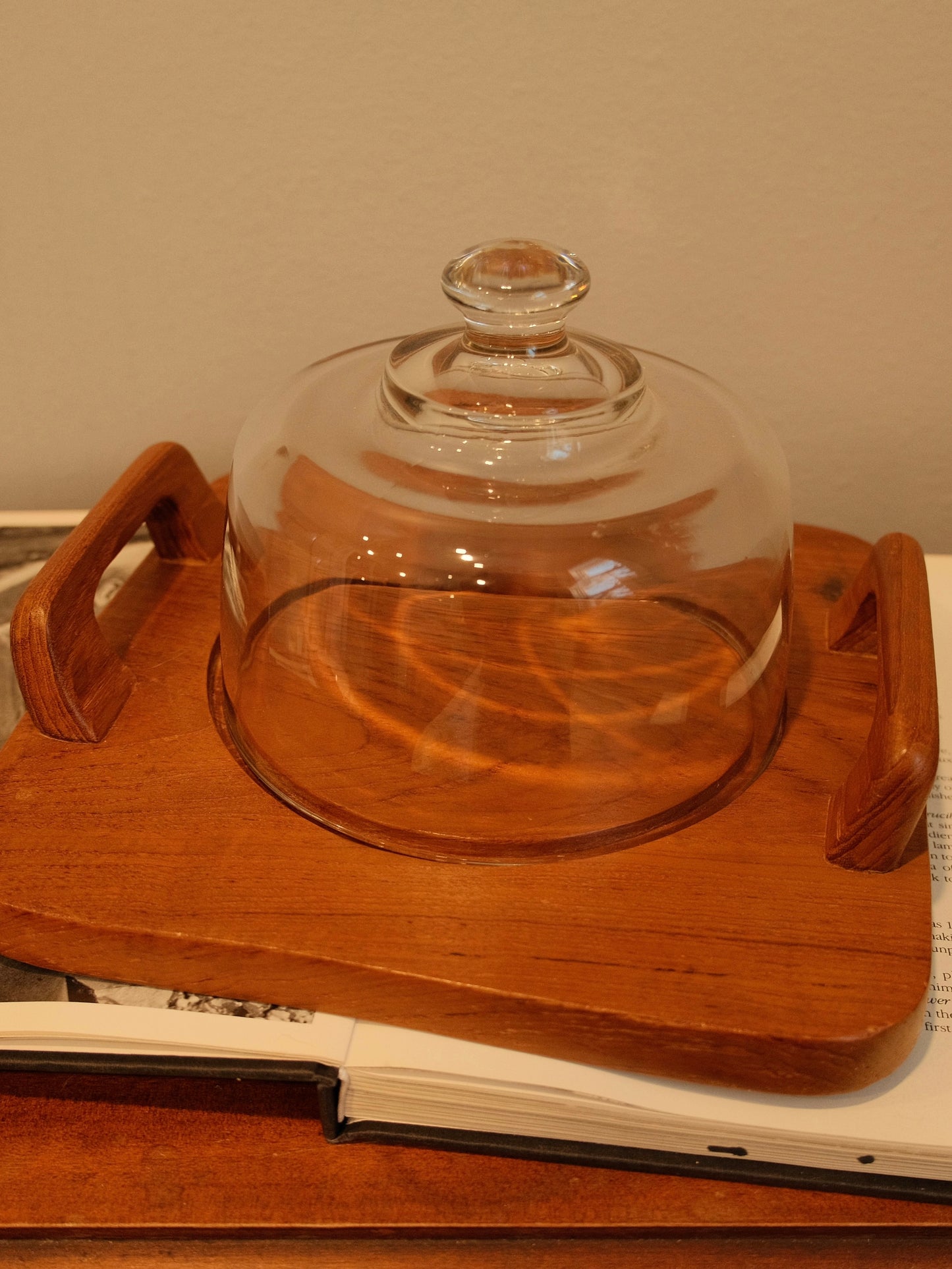 Vintage Danish Teakwood Cheese Board & Glass Dome