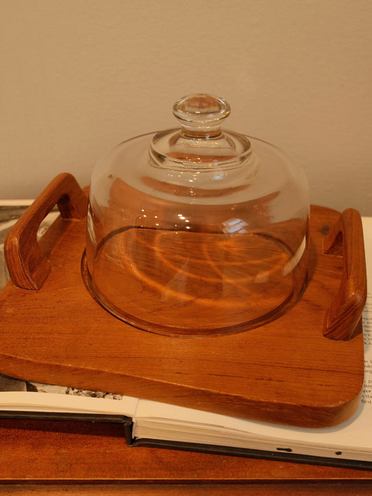 Vintage Danish Teakwood Cheese Board & Glass Dome